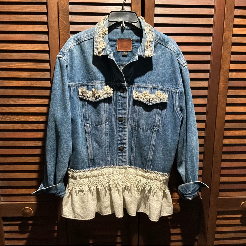 Calvin Klein Blue Denim Jacket with Cream Lace Trim